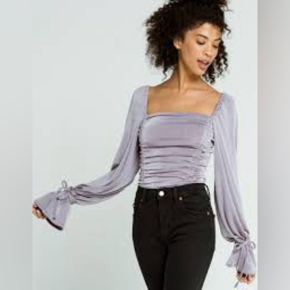 NWT Free People Meant To Be Bodysuit Silver Mauve Ruched Bell Sleeve Size Medium - Picture 3 of 11